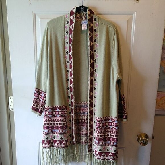 Vicki Wayne Chic Green and Pink Tasseled Cardigan Sweater - Picture 1 of 7